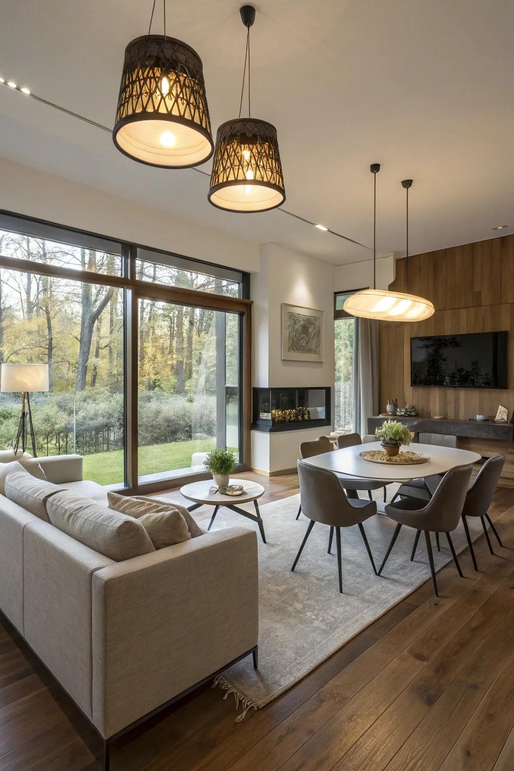 Illumination is both practical and ornamental, clearly defining areas.