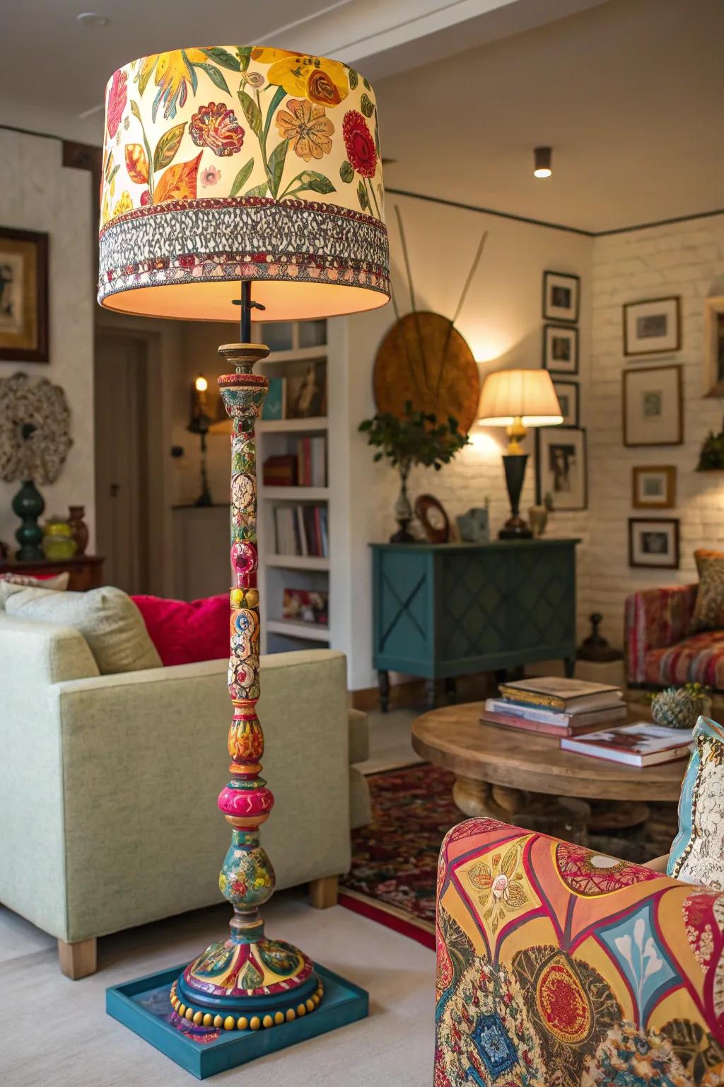 A vibrant family room featuring a colorful floor lamp as a playful accent.