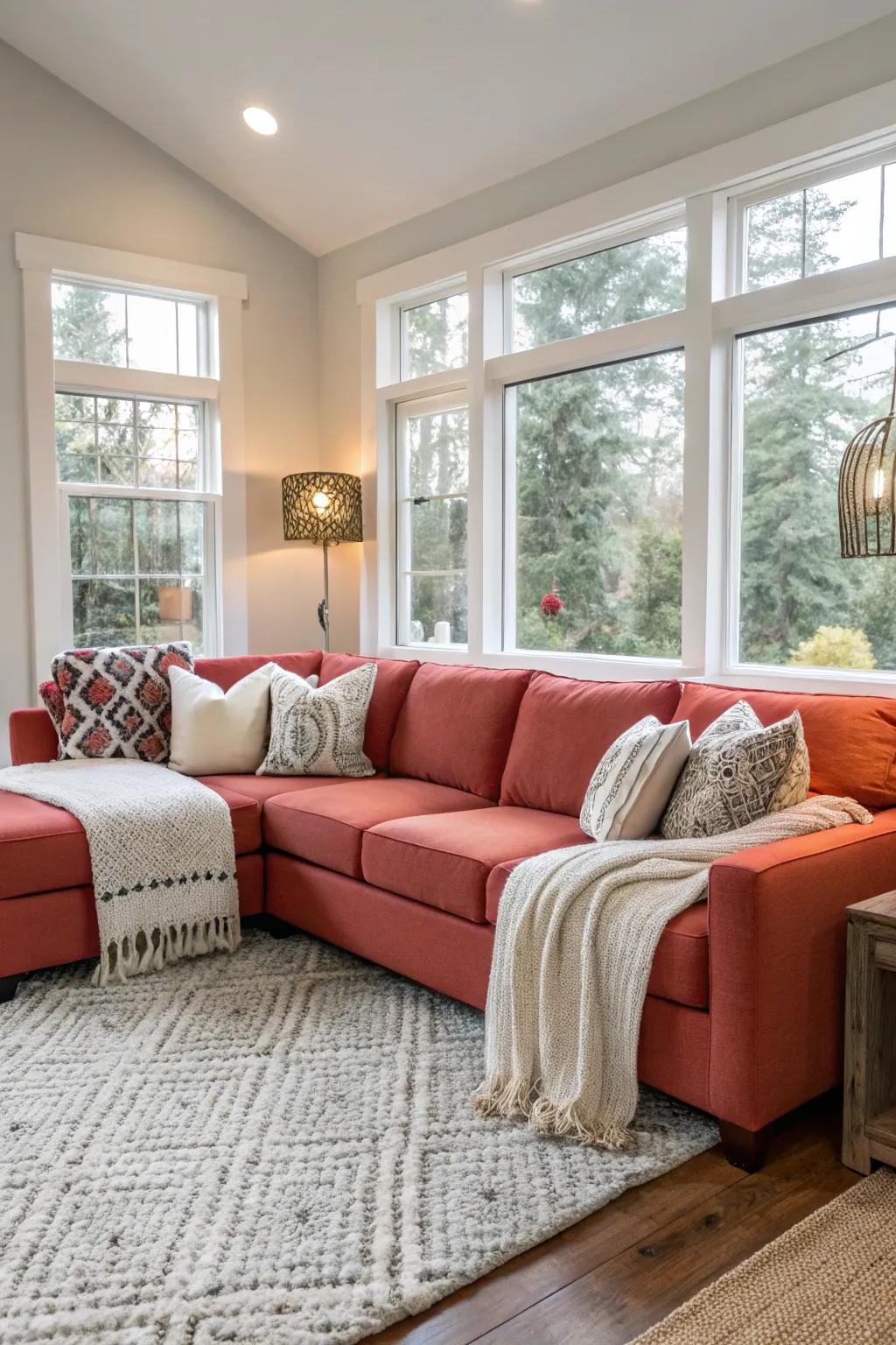 A vibrant sectional introduces a lively touch to the living room.