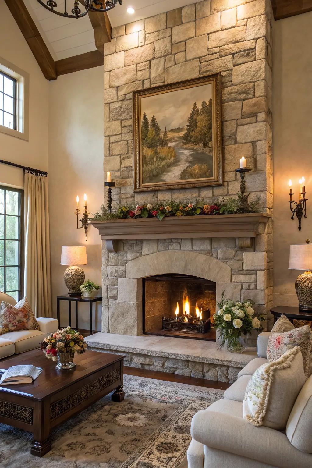 A statement piece of art can improve the beauty of your stone fireplace.