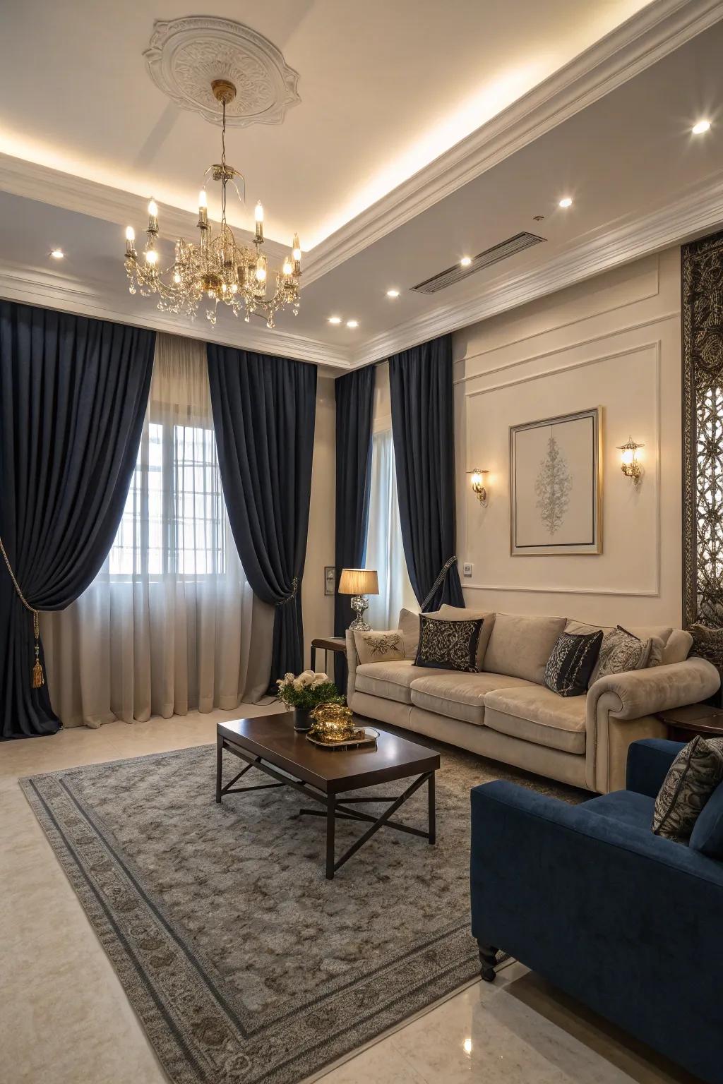 Deep azure window coverings deliver a theatrical backdrop, infusing profundity and sophistication into the area.