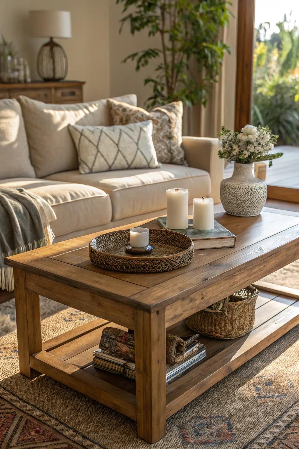 A timber-crafted table introduces a hint of coziness and natural beauty to your living space arrangement.