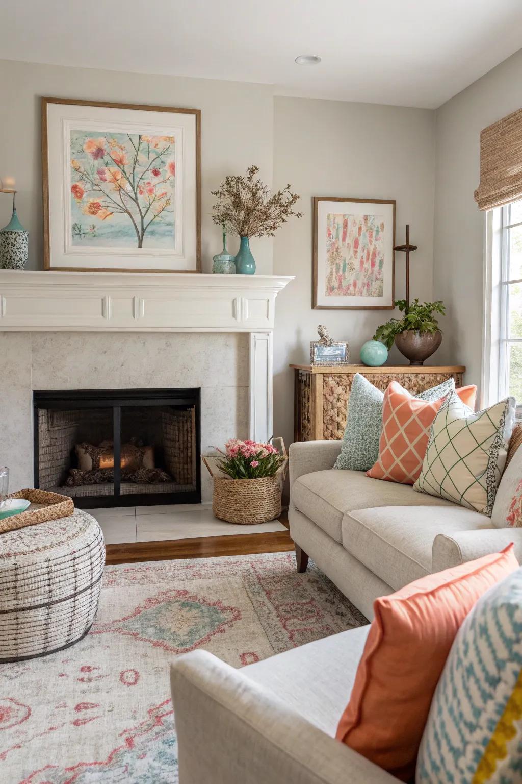 A subdued living room enlivened with vibrant accent cushions and carefully chosen art around the fireplace.