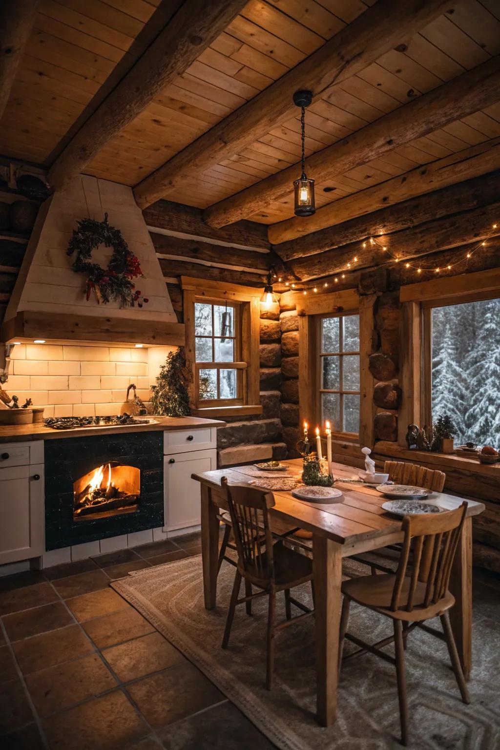 Warm ambient illumination amplifies the comfortable atmosphere within this log cabin kitchen.
