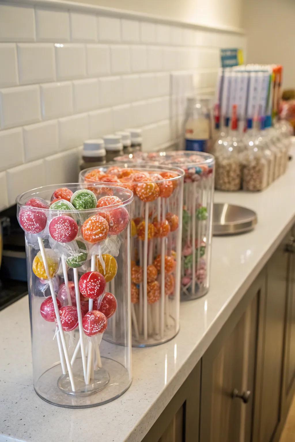 Cylindrical containers furnish a sleek, contemporary lollipop showcase.