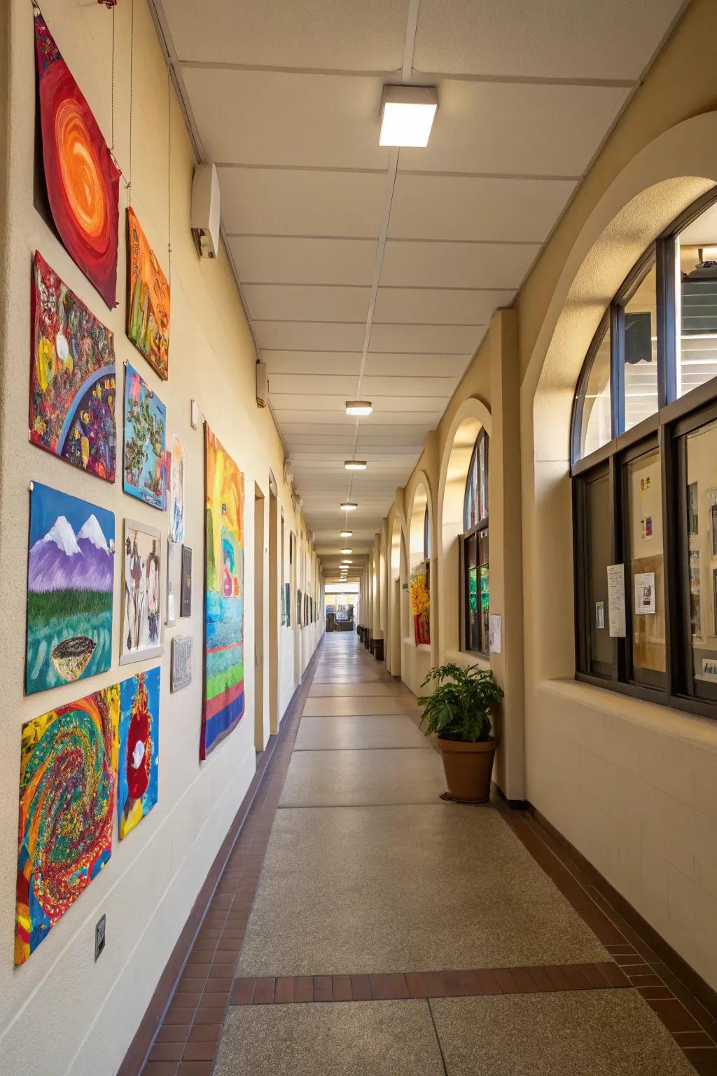 Vibrant art pieces infuse character into this expansive entryway.