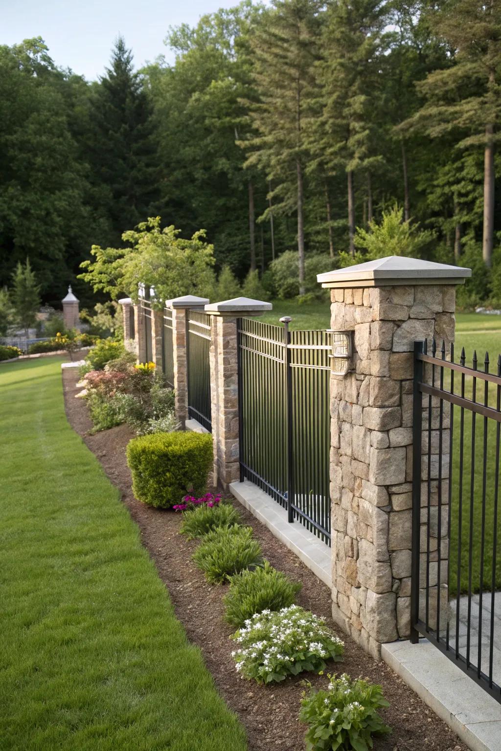 Stone pillars, unified with metal sections, compose a robust yet elegant front yard fence.