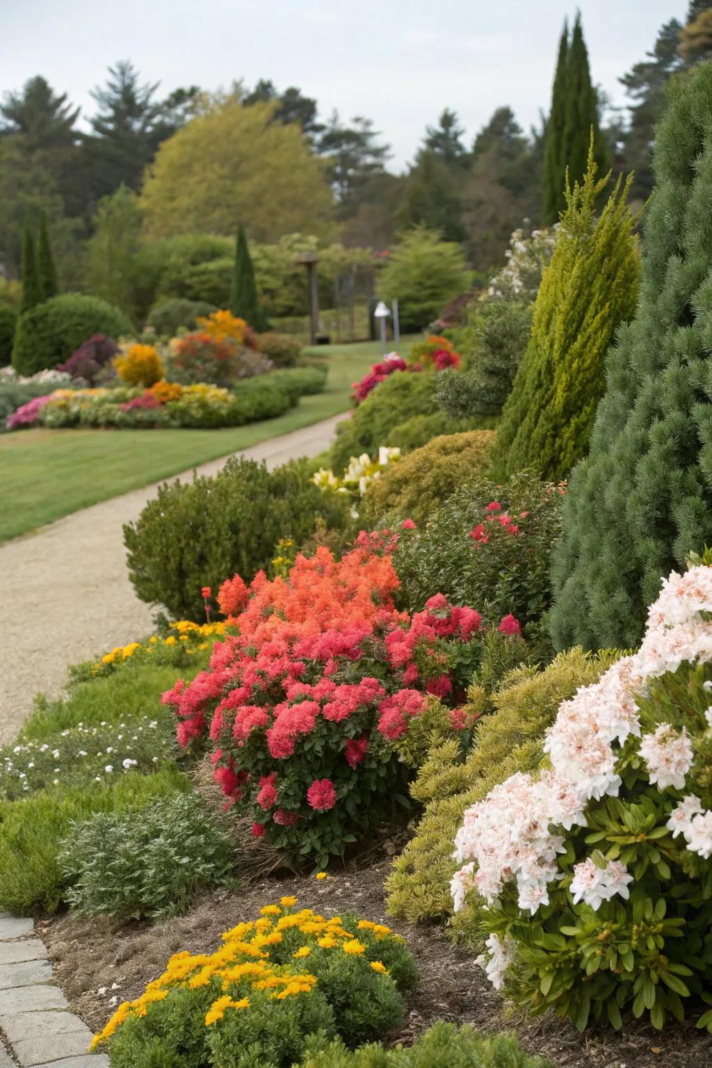 Evergreen shrubs maintain structure and color throughout the year.
