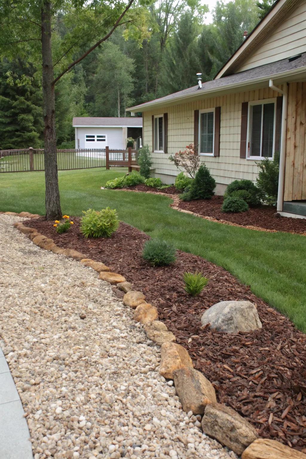 A front yard featuring a rich blend of fiber and crushed rock.