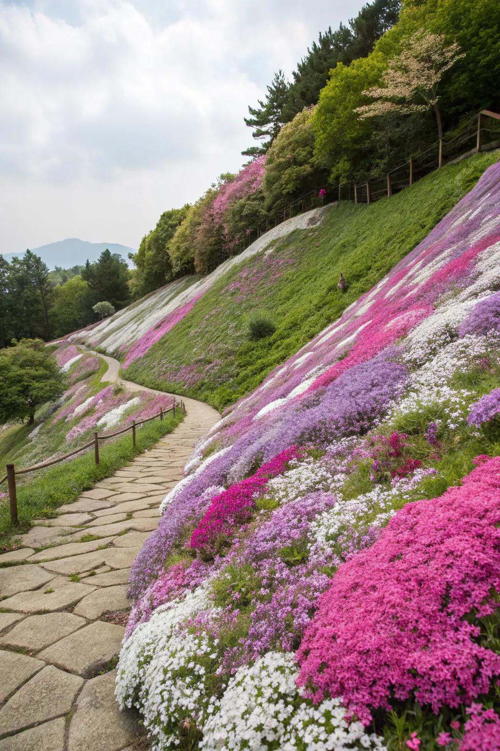 Creeping Phlox trailing down a garden slope.