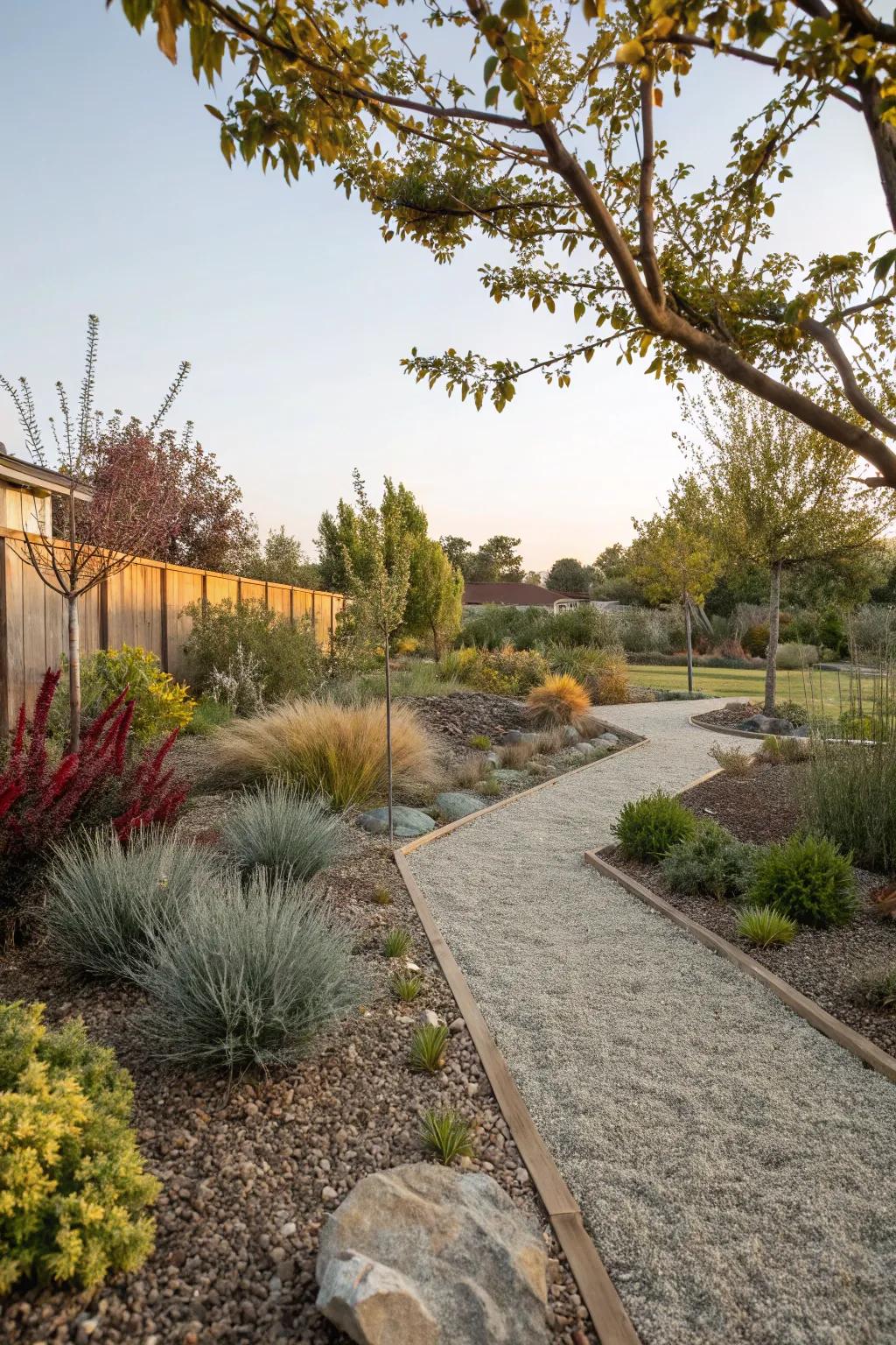 A textured Portland garden employing gravel and mulch for reduced upkeep.