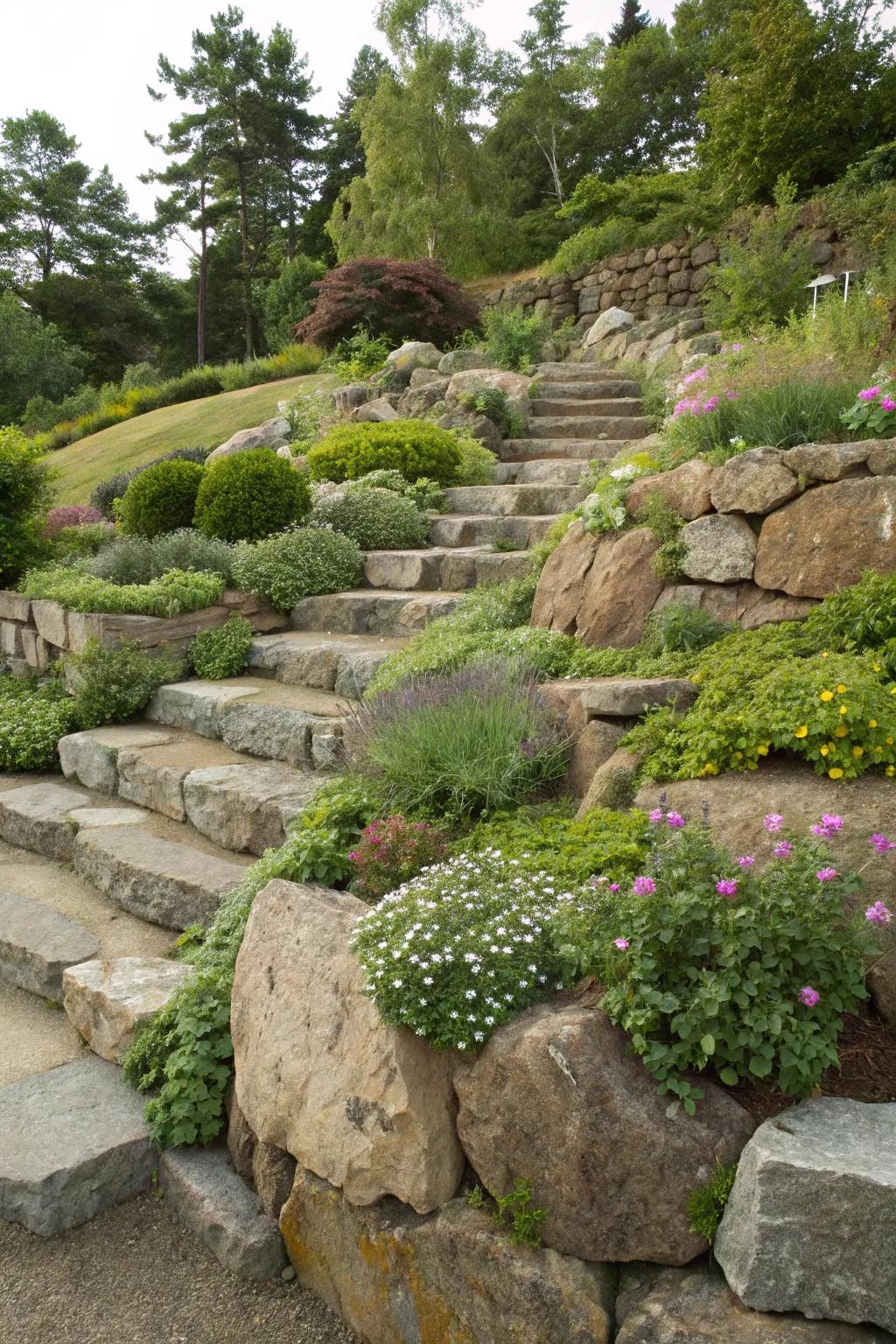 Tiered rock designs that contribute depth and intrigue.