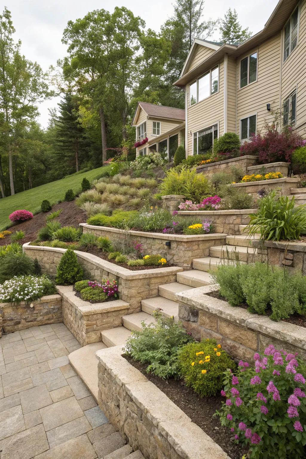 Terraces provide both functionality and a visual treat on sloping yards.