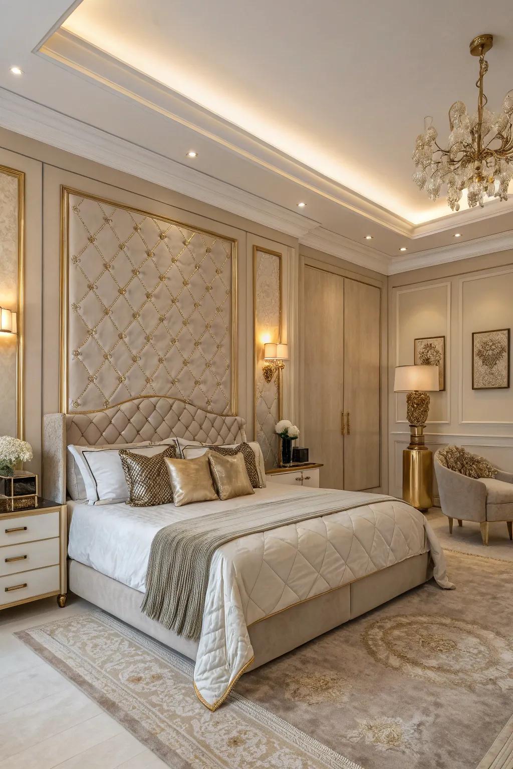A luxurious bedroom with an elegant color scheme featuring soft shades and metallic details.