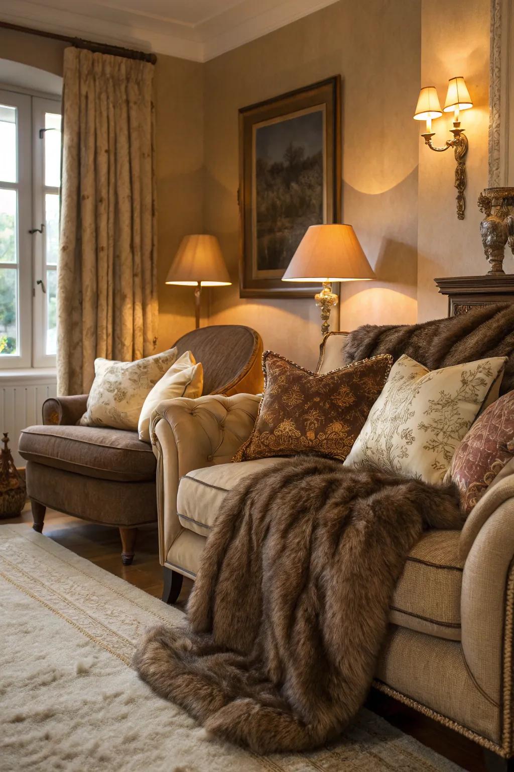 Rich textures like faux fur and silk enhance the luxurious feel of this living room.