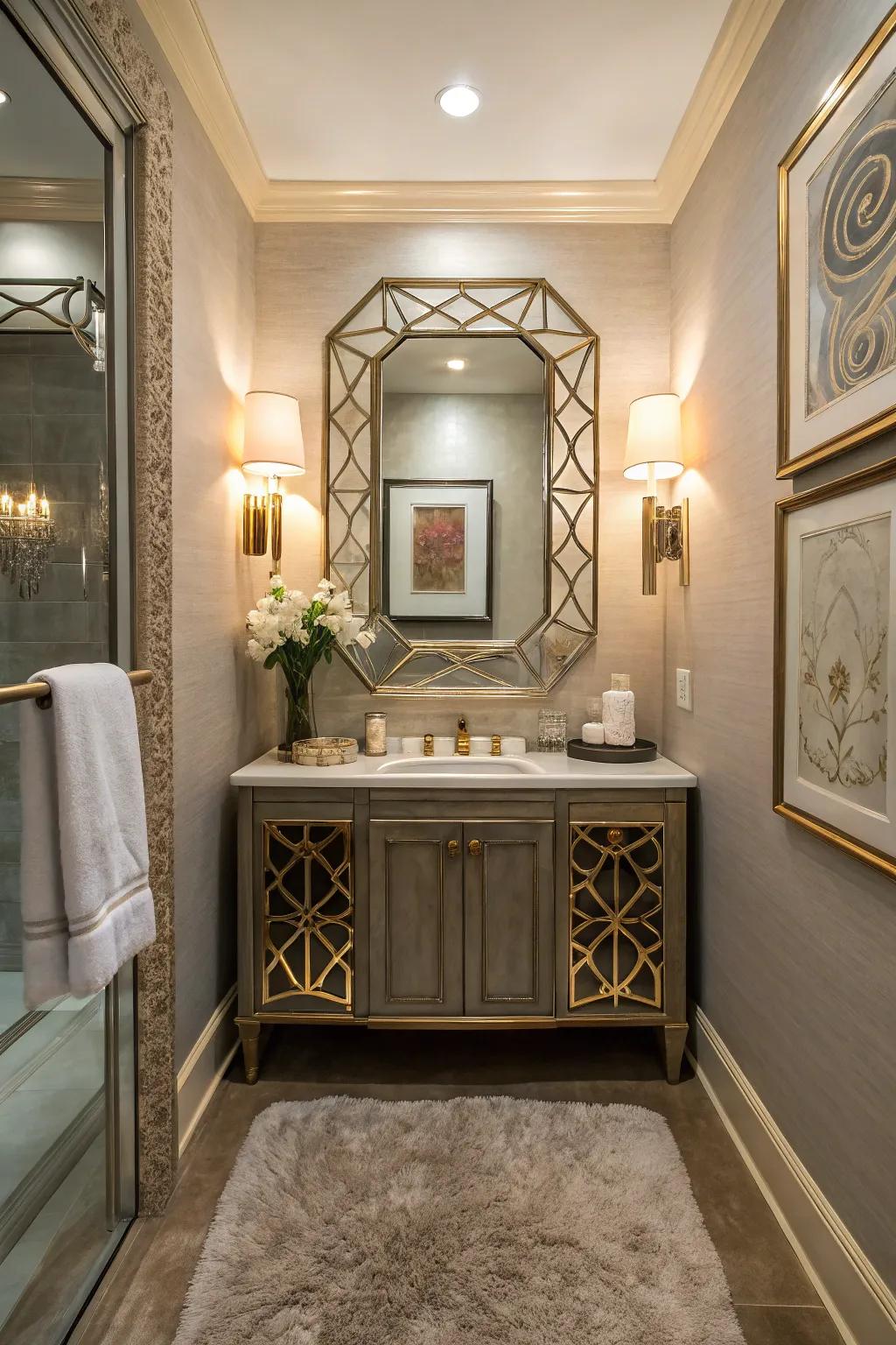 Artistic mirrors inject flair and sophistication into this bathroom.