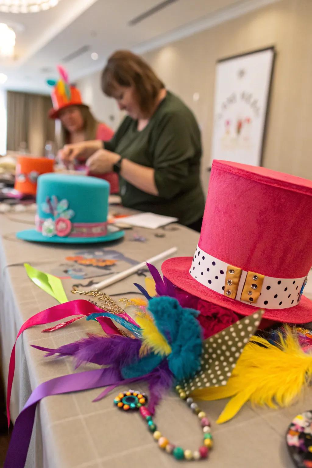 A crafting enclave stocked with resources for embellishing unique Mad Hatter hats.