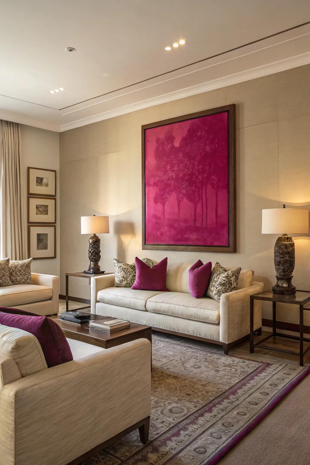 Bold cerise artwork brings energy and creativity to this living room.