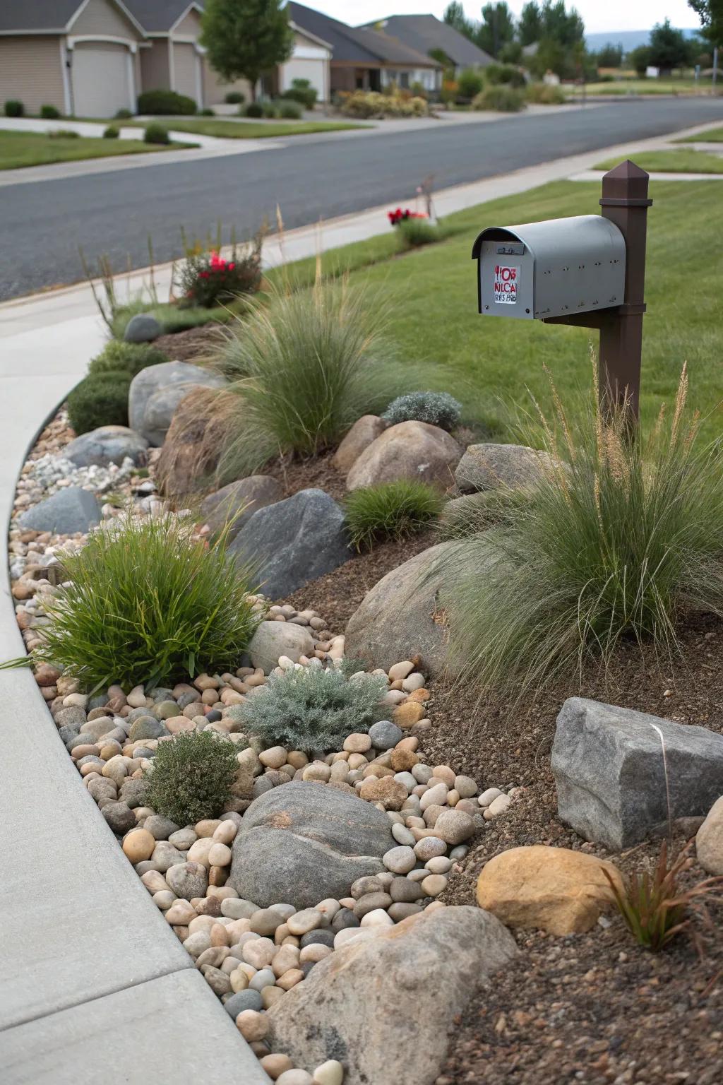 A scaled-down stone garden lends a place of peace touch to your mailbox.