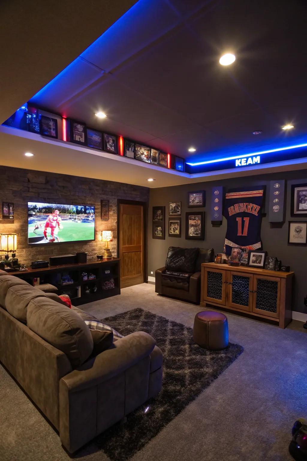 Atmospheric lighting crafts a serene ambiance in this man cave.
