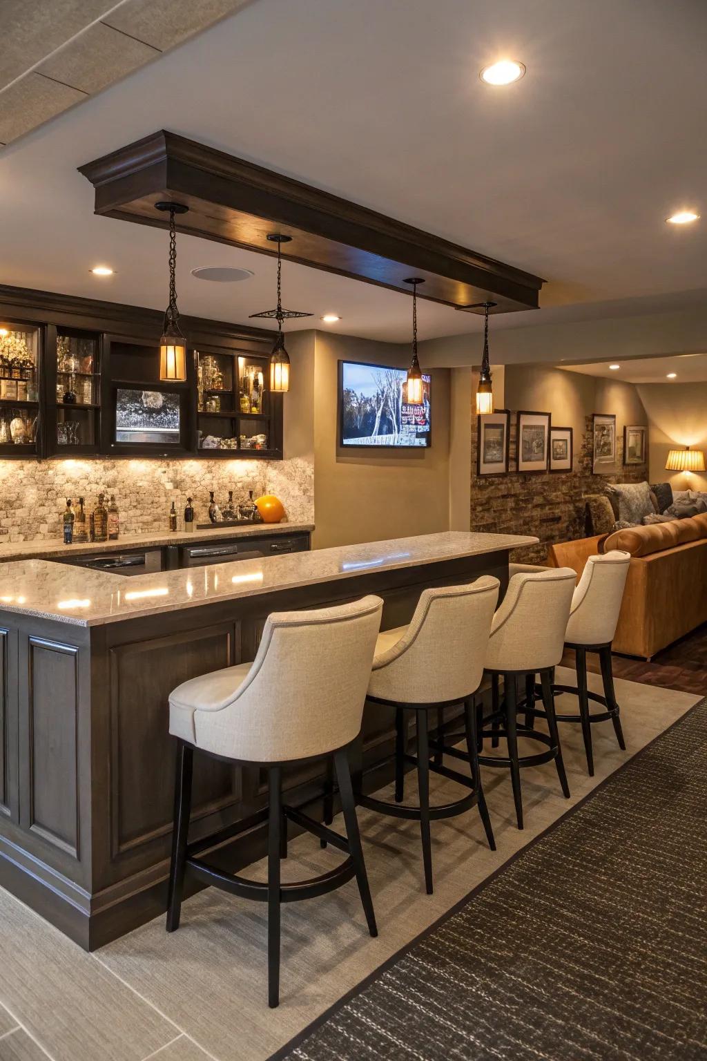 A sophisticated bar alcove ideal for hosting guests within a man cave.