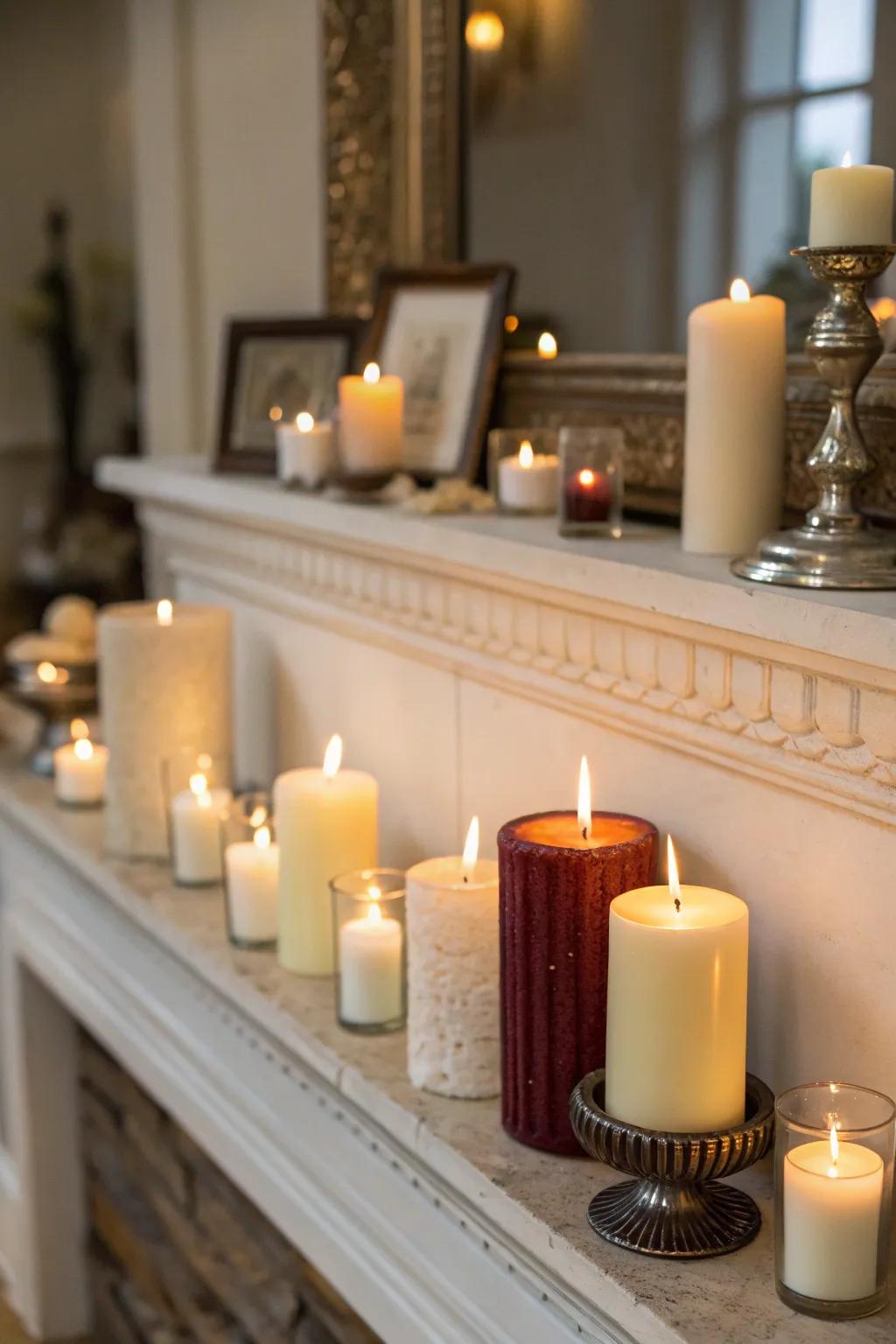Candles in various sizes create a warm and inviting ambiance on this mantel.