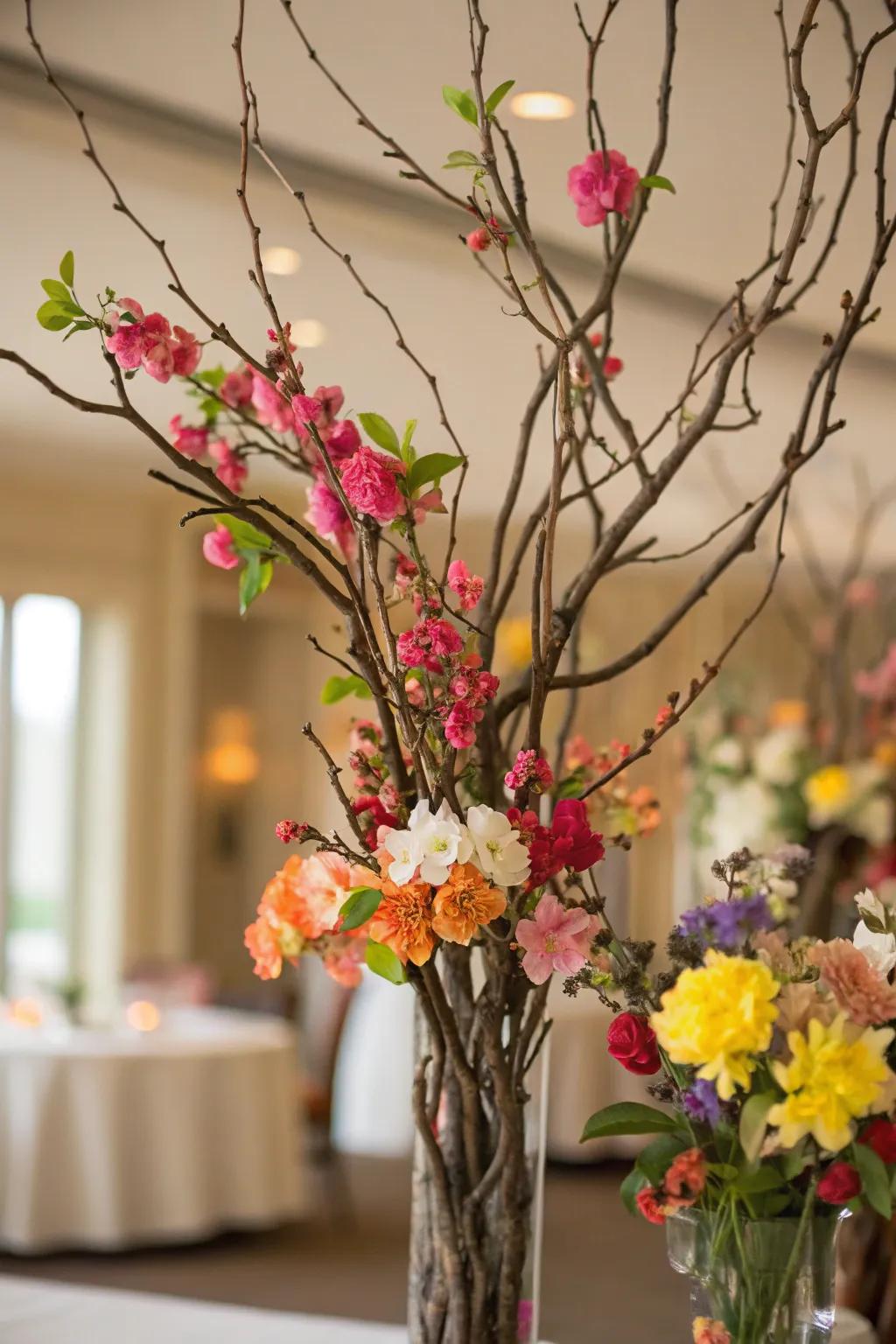 New blossoms introduce romance to this manzanita central decoration.