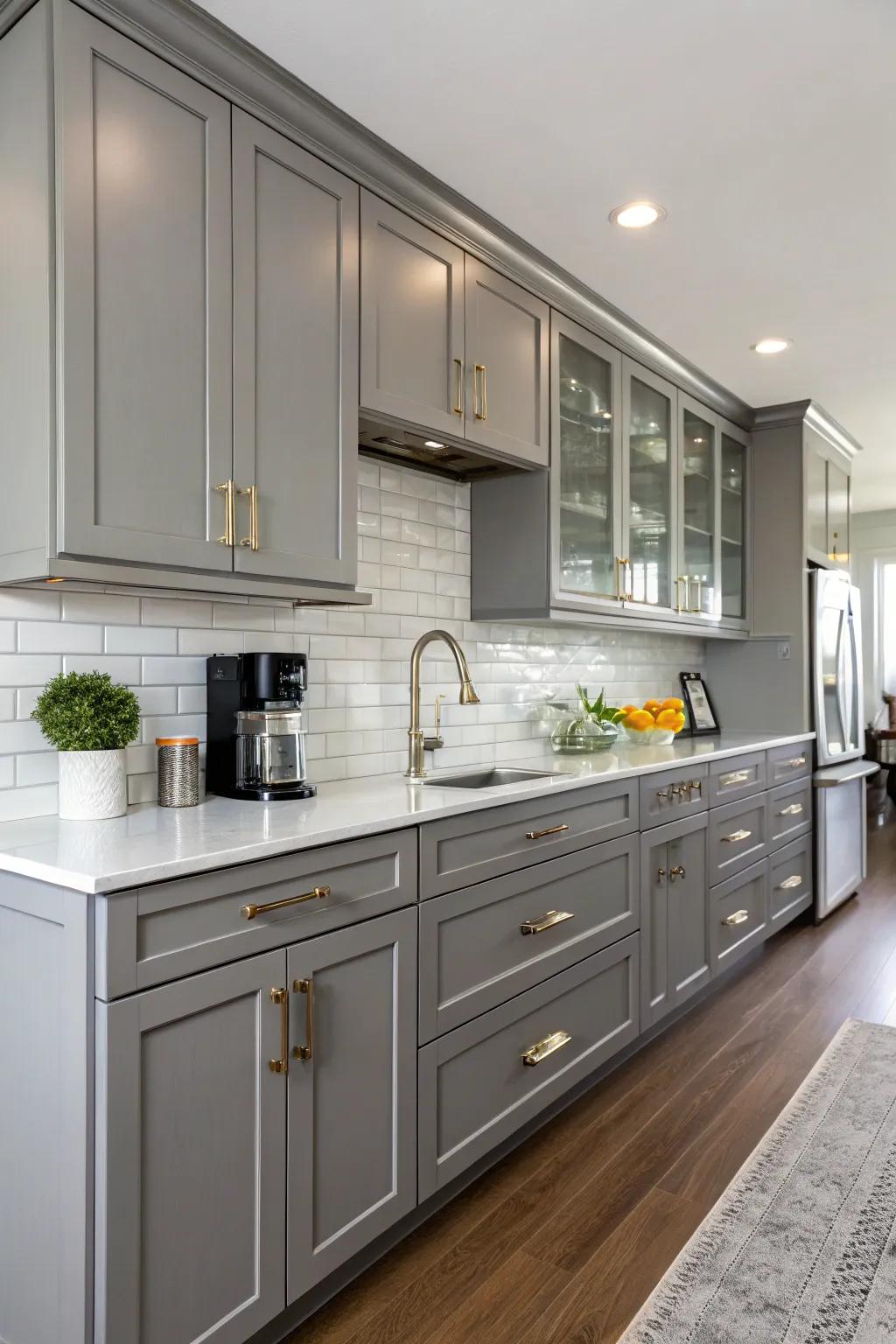 A streamlined culinary space showcasing gray-toned lightwood units with contemporary highlights.