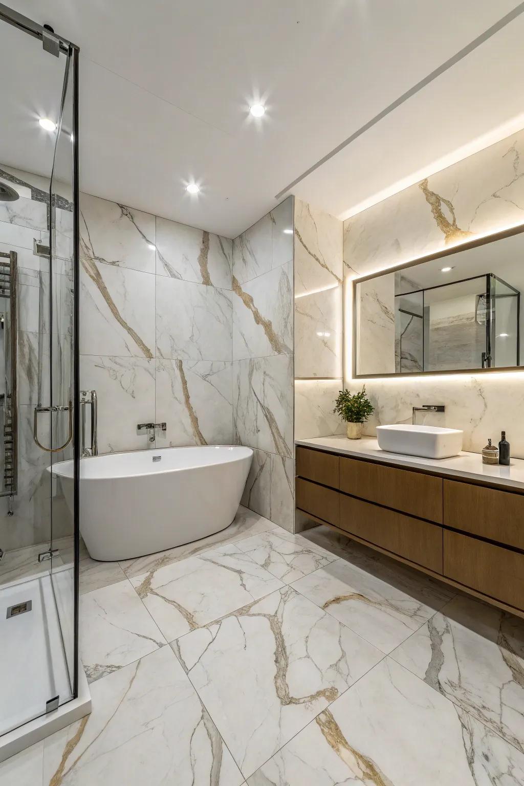 Oversized limestone-effect porcelain tiles engender a seamless and extensive bathroom setting.
