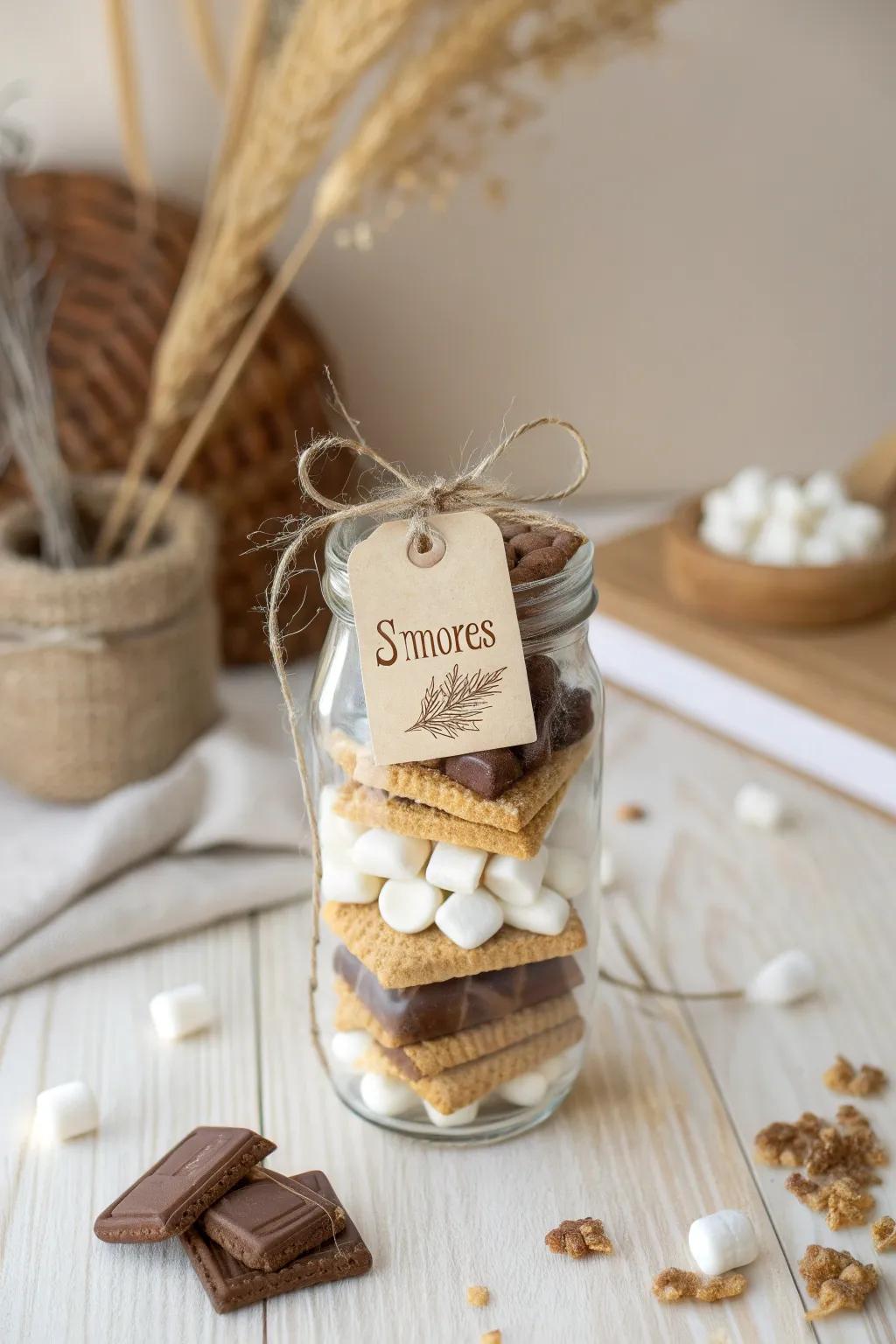 Gift the warmth of a campfire favorite through this captivating s'mores set inside a mason jar, ideal for a snug, minimalist festive shock!