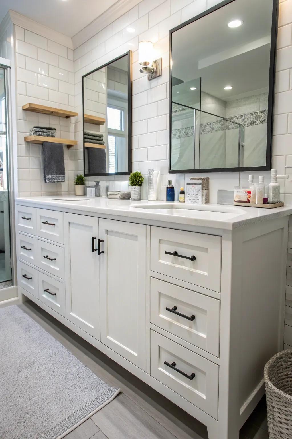 A restroom vanity design that features varied storage potentials, including drawers and cabinets.