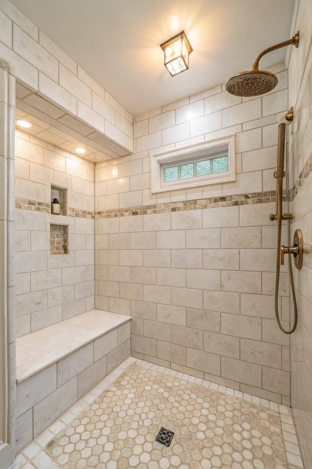 A shower stall featuring subtle unbiased hued pavers fashioning a soothing and commodious ambiance.