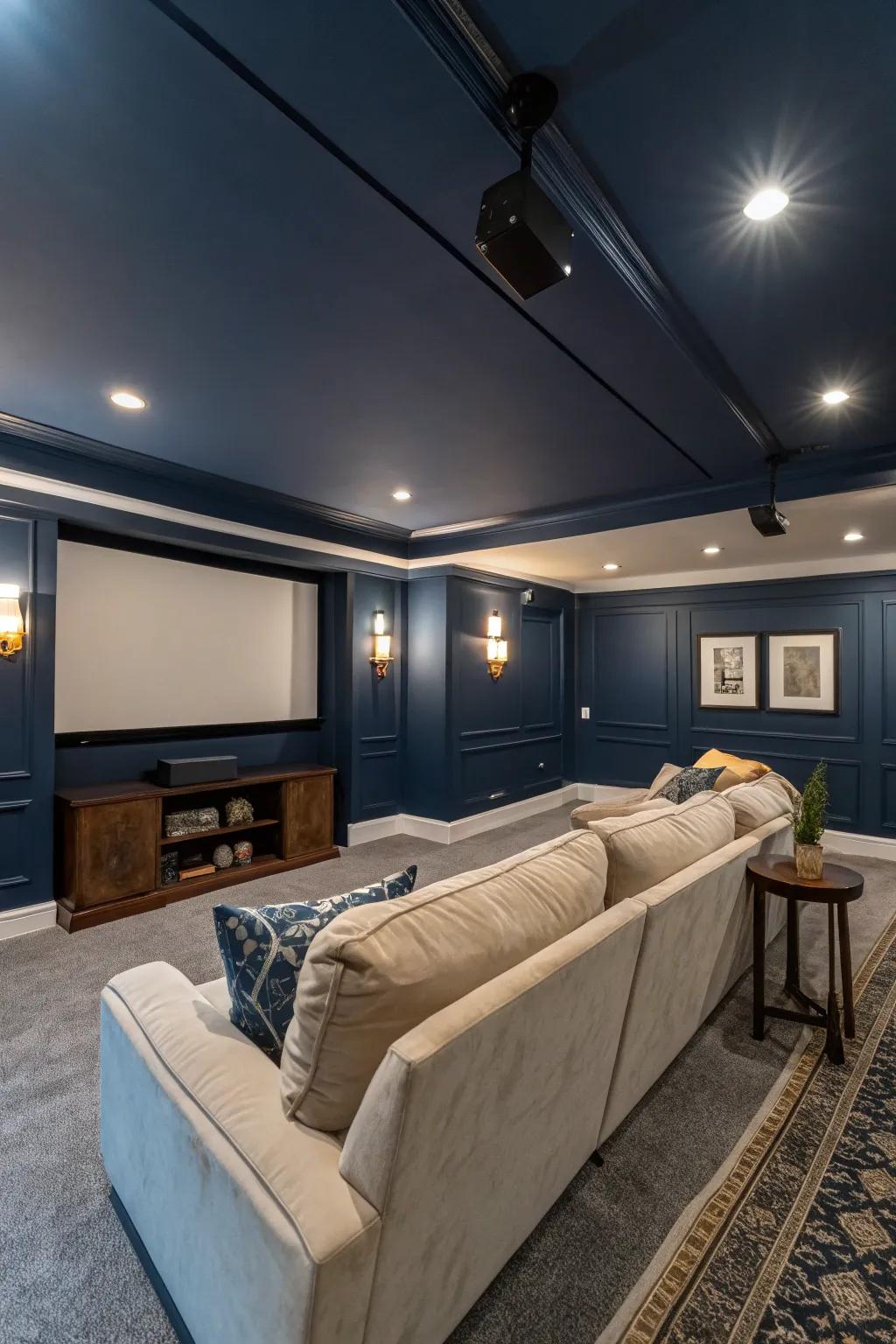 A serene media room drenched in ocean blue, optimal for relaxation.