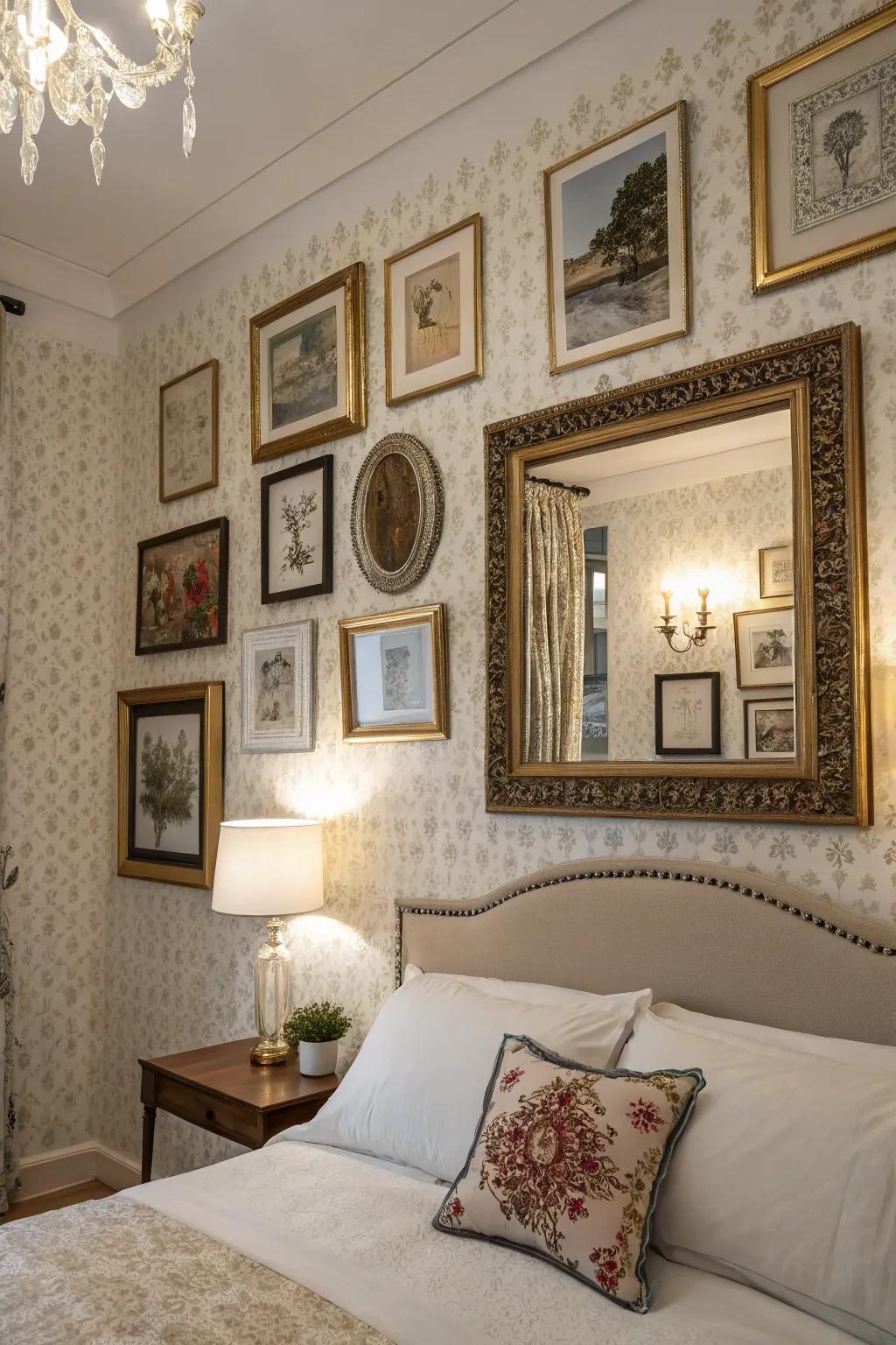 A bedroom wall adorned with encased artwork and reflective surfaces.