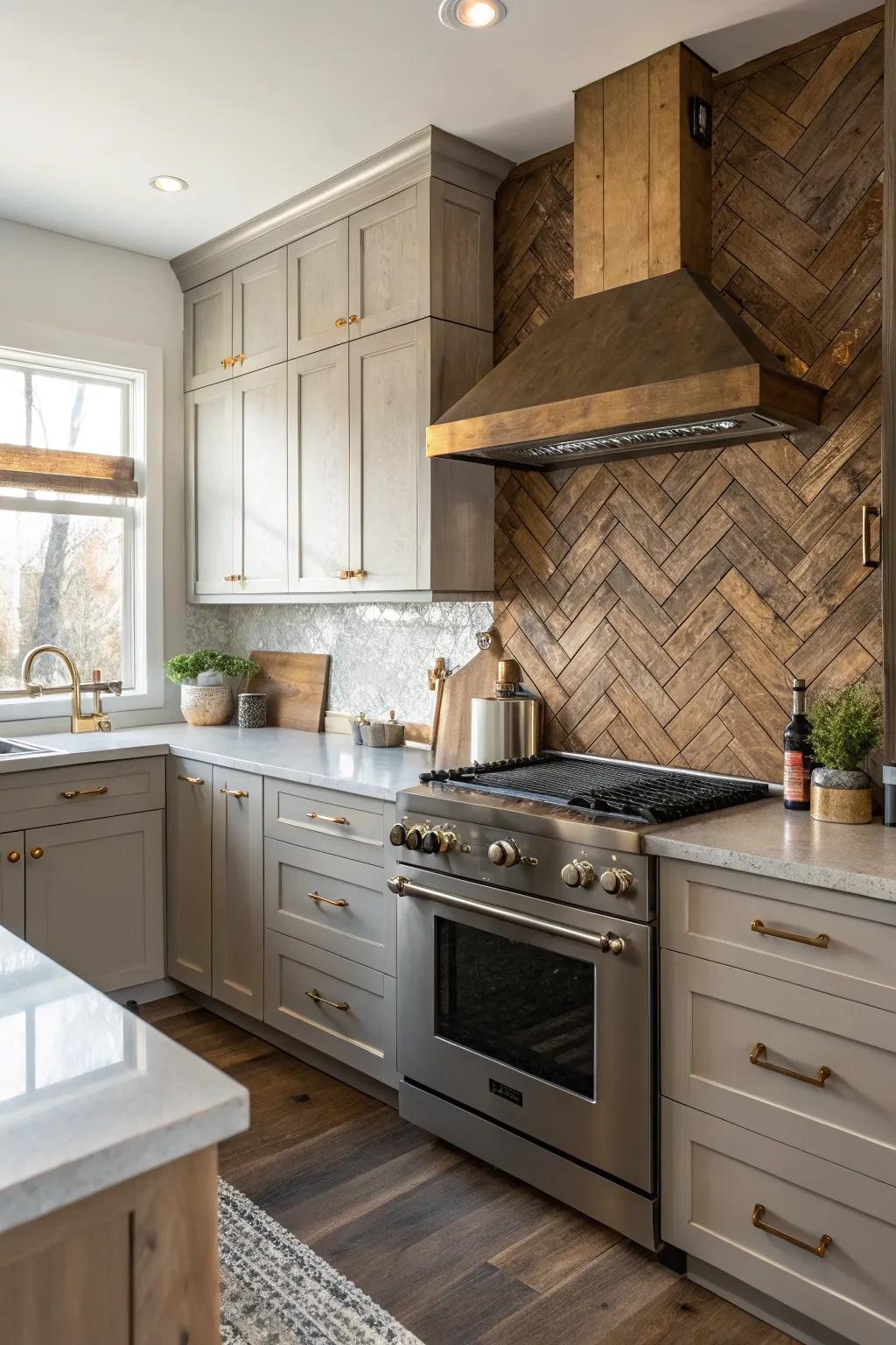 A kitchen that features a mix of metal and timber backsplash.