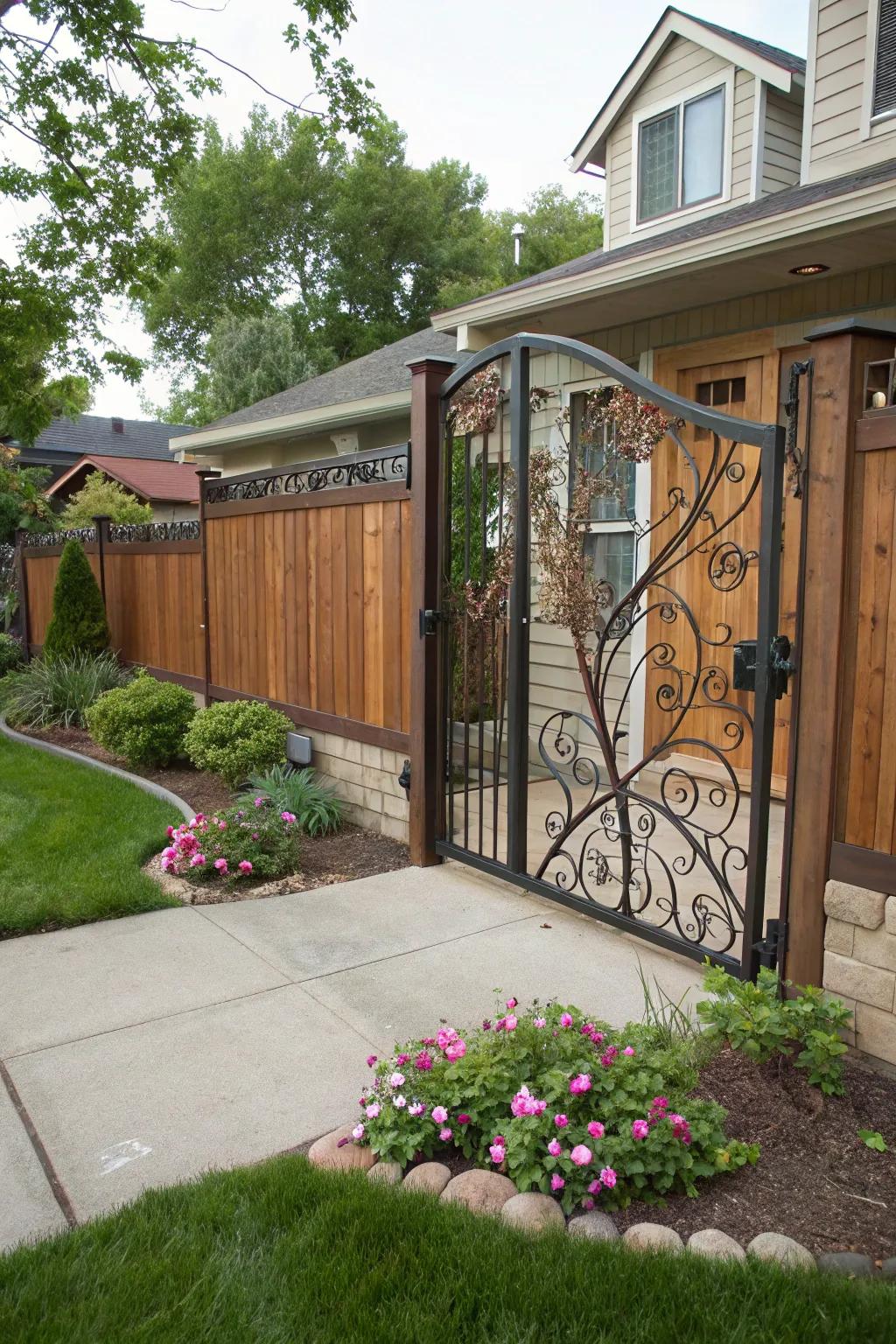 A metal and wood gate exquisitely balancing contemporary and natural elements.