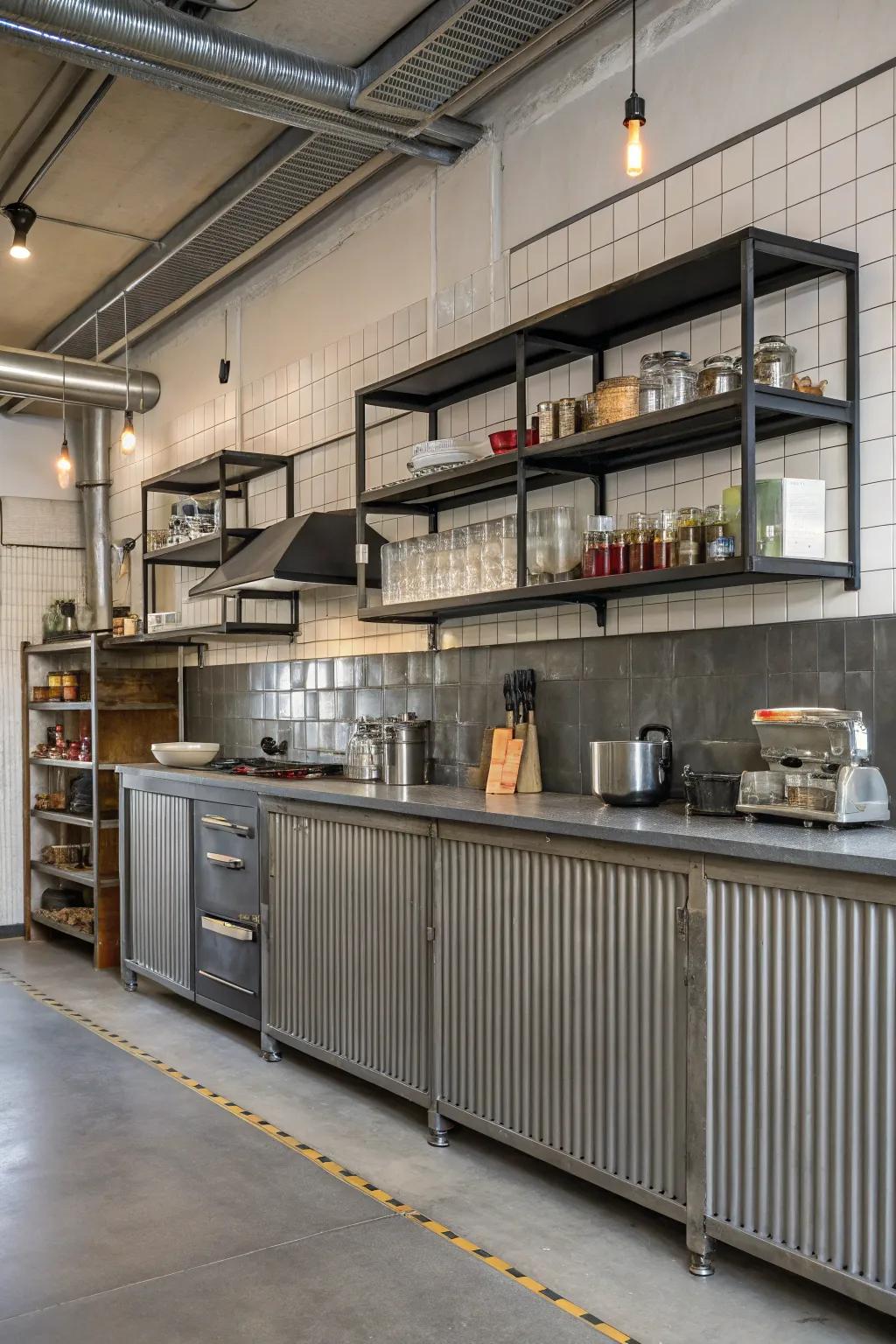 Metallic paneling imparts industrial allure to your cooking space.