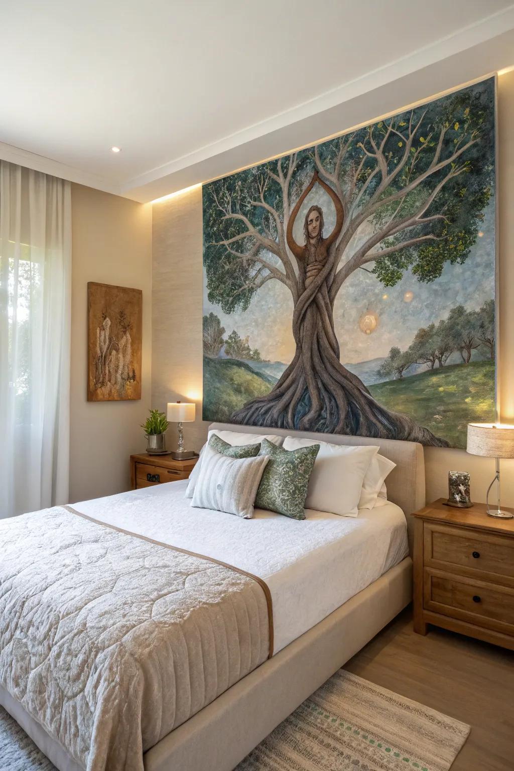 A human form merges with a tree, celebrating unity with the natural world.