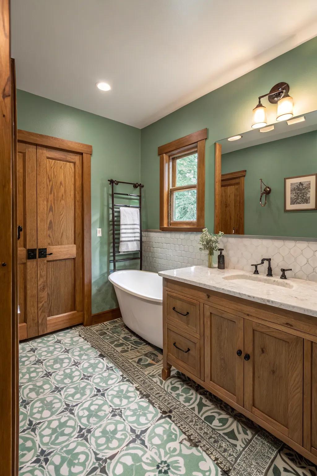 Soft green walls serve as a tranquil backdrop for this mid-century interior.