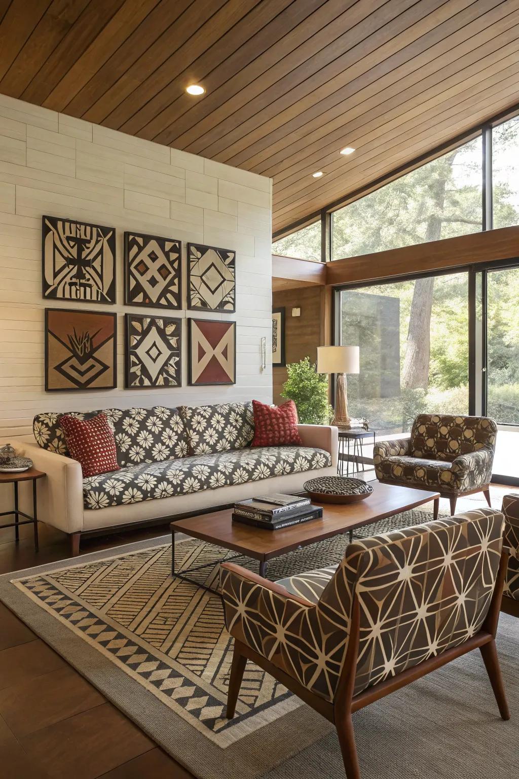 Geometric patterns contribute a polished touch to this mid-century modern living space.