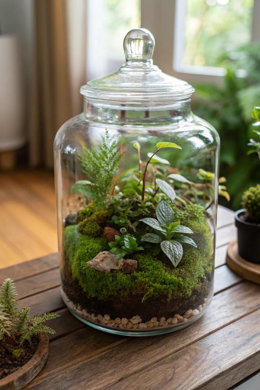 An alluring terrarium highlights flourishing greenery and delicate moss.