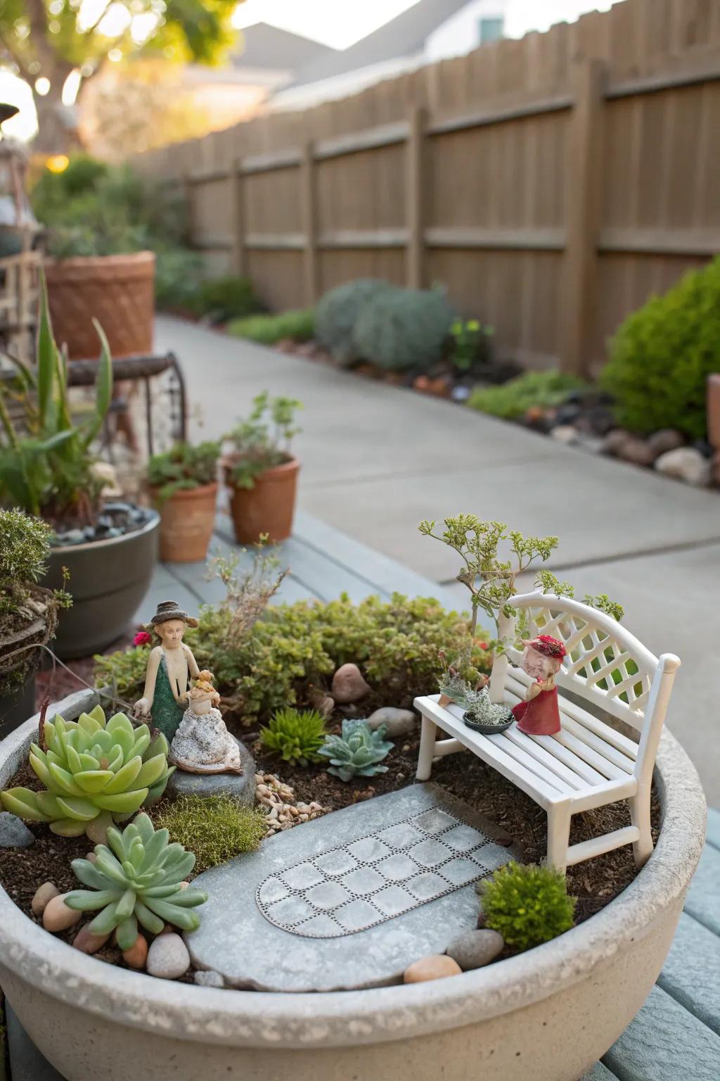 A whimsical faerie landscape nestled harmoniously among succulents.