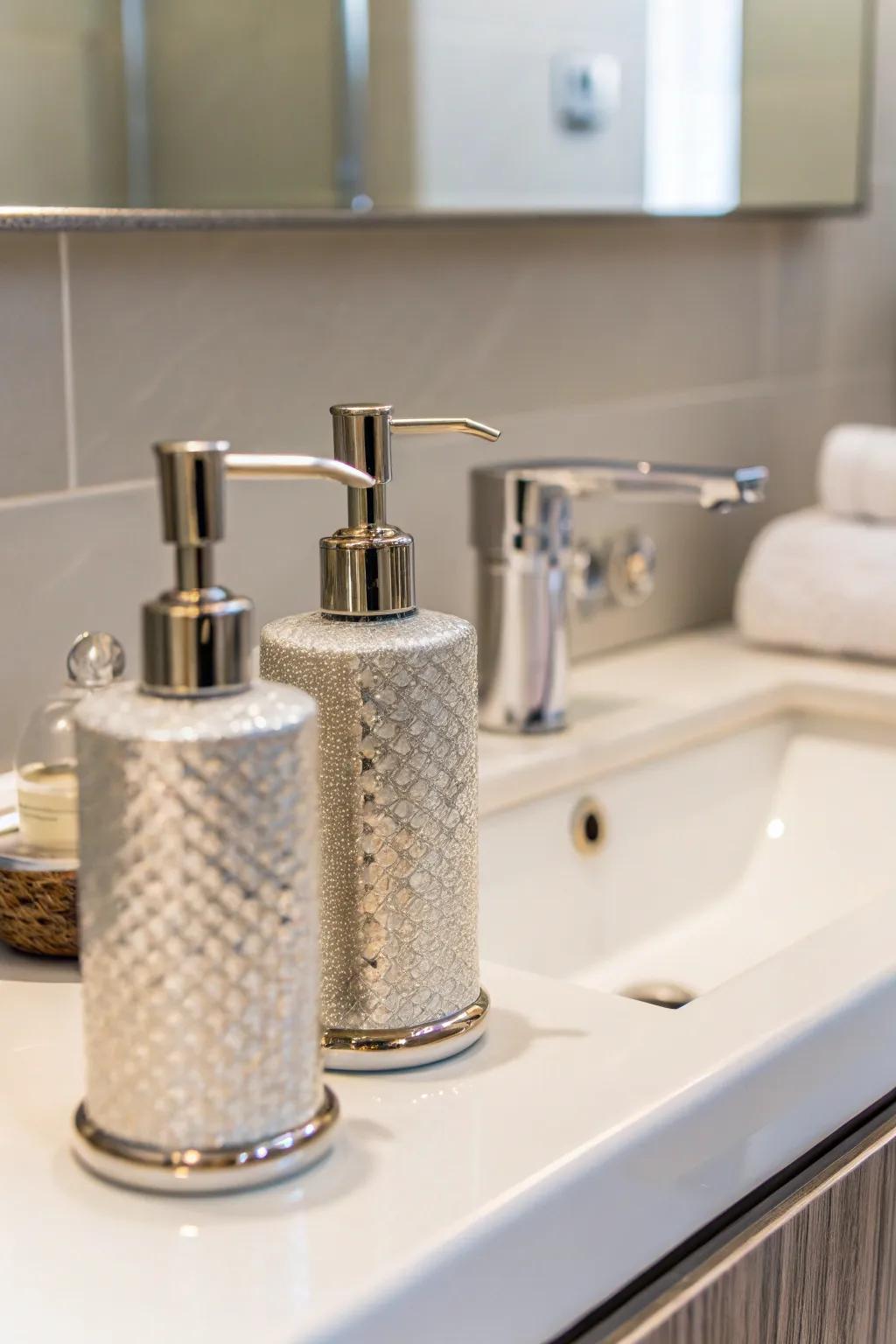 Matching liquid soap holders bring a touch of refinement to the bathroom's decor.