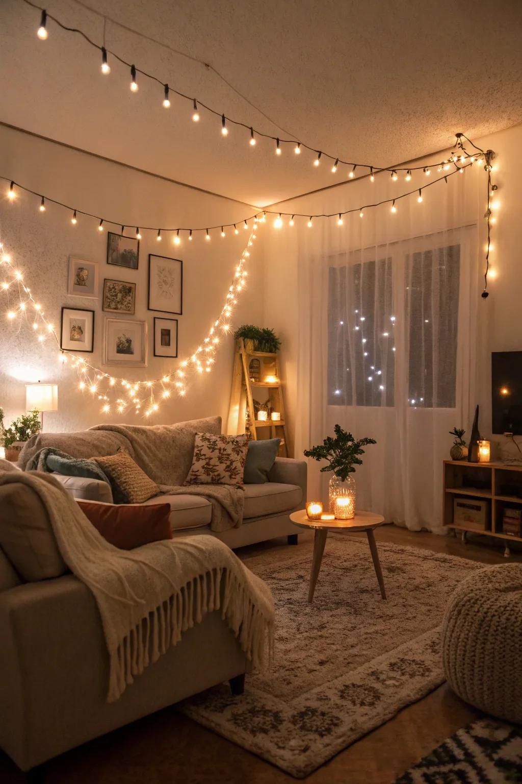 Delicate and welcoming illumination using fairy lights that introduces a comfortable radiance to a minimalist area.