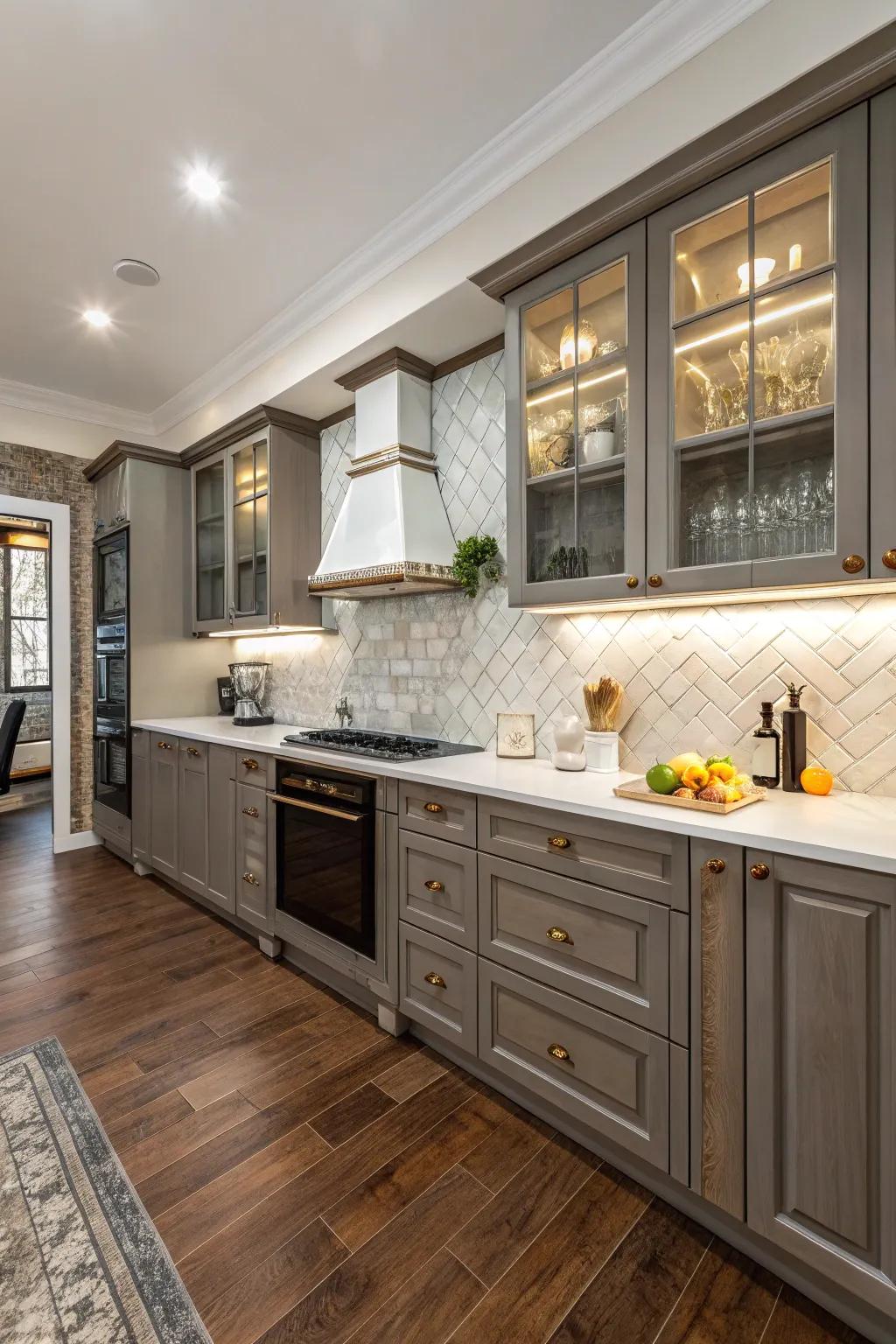 A harmonious integration of paneling and timber flooring enhances the utility of the culinary space.