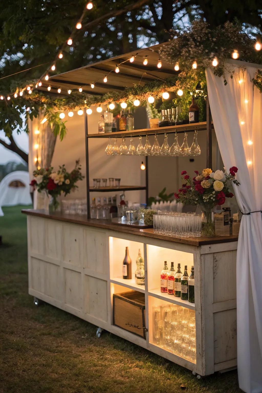 Gentle lighting elevates the inviting ambiance of this rolling bar.