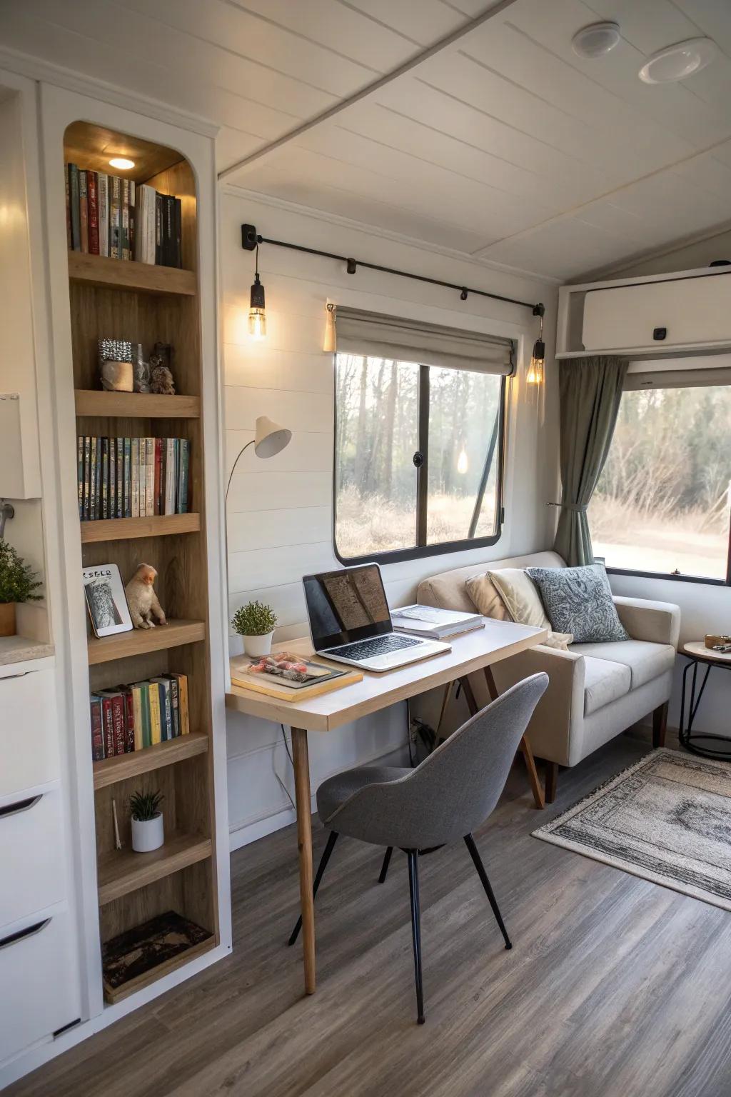 An elegant home office featuring a desk and bookshelf, delivering a specialized workspace within a mobile home.