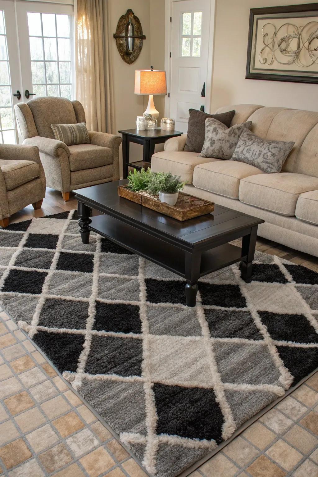 A black and grey floor covering harmonizes the entire living space.