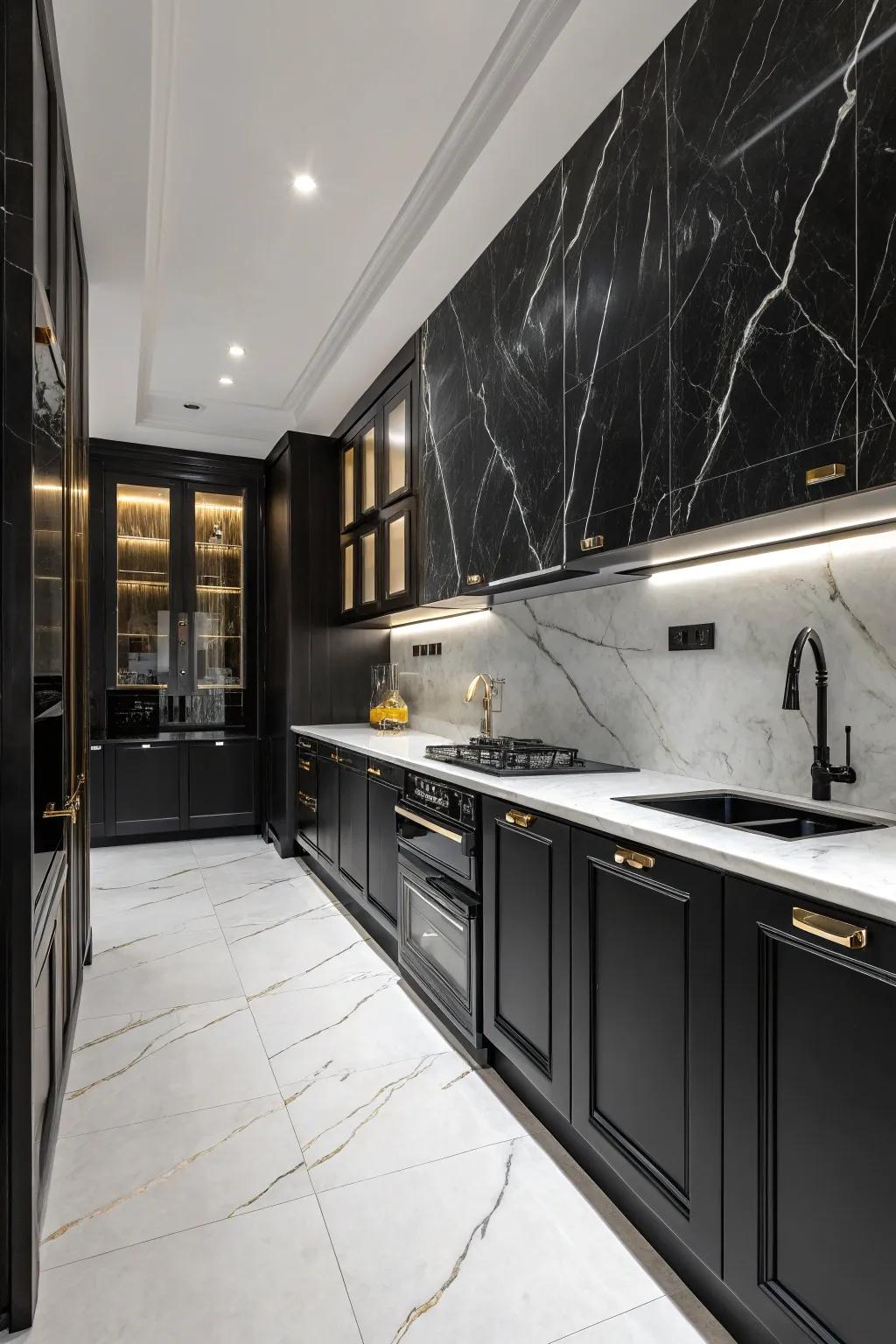 Luxurious ebony marble infuses sophistication into this kitchen.