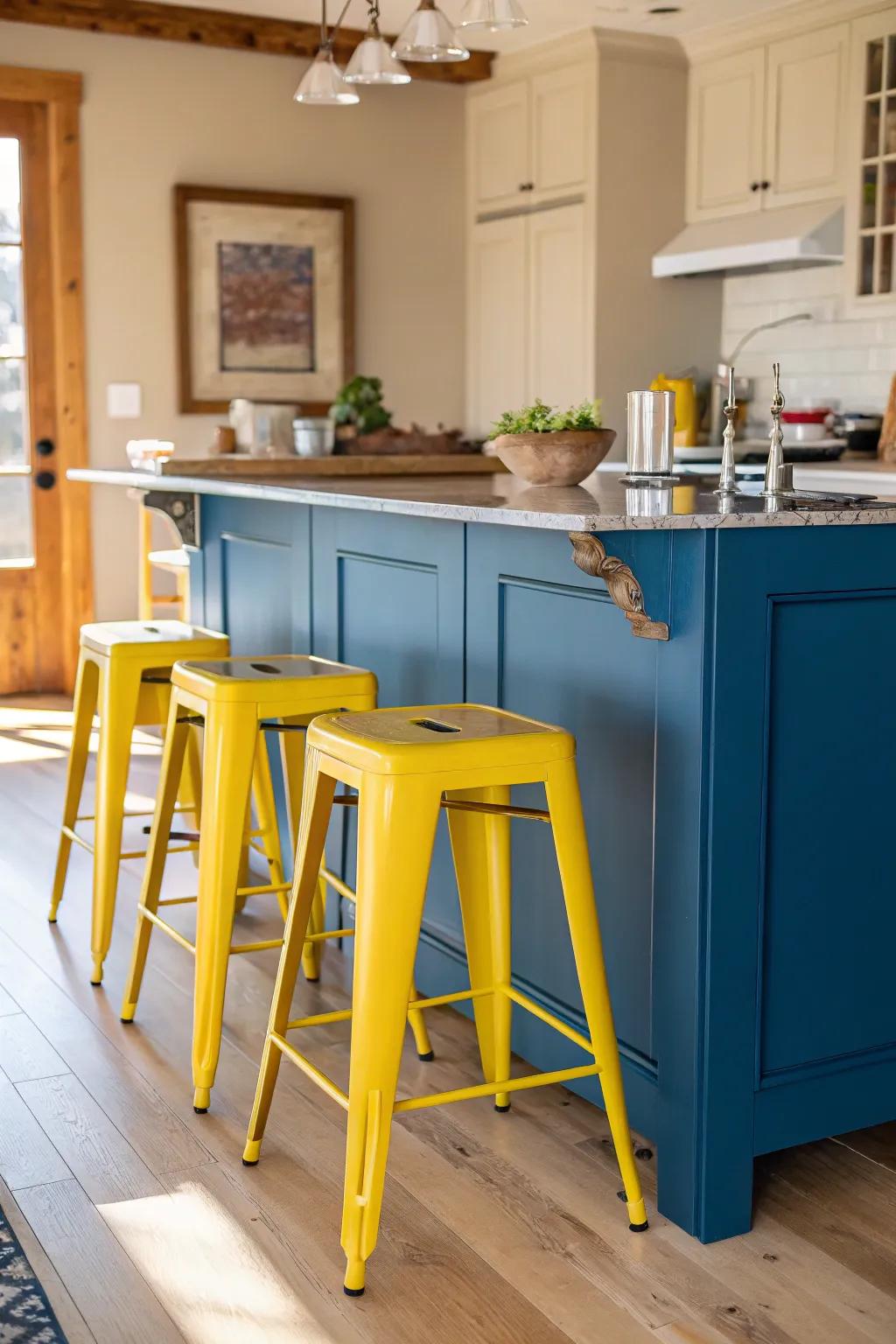 Yellow perches beautifully enhance the blue central island in this playful kitchen.